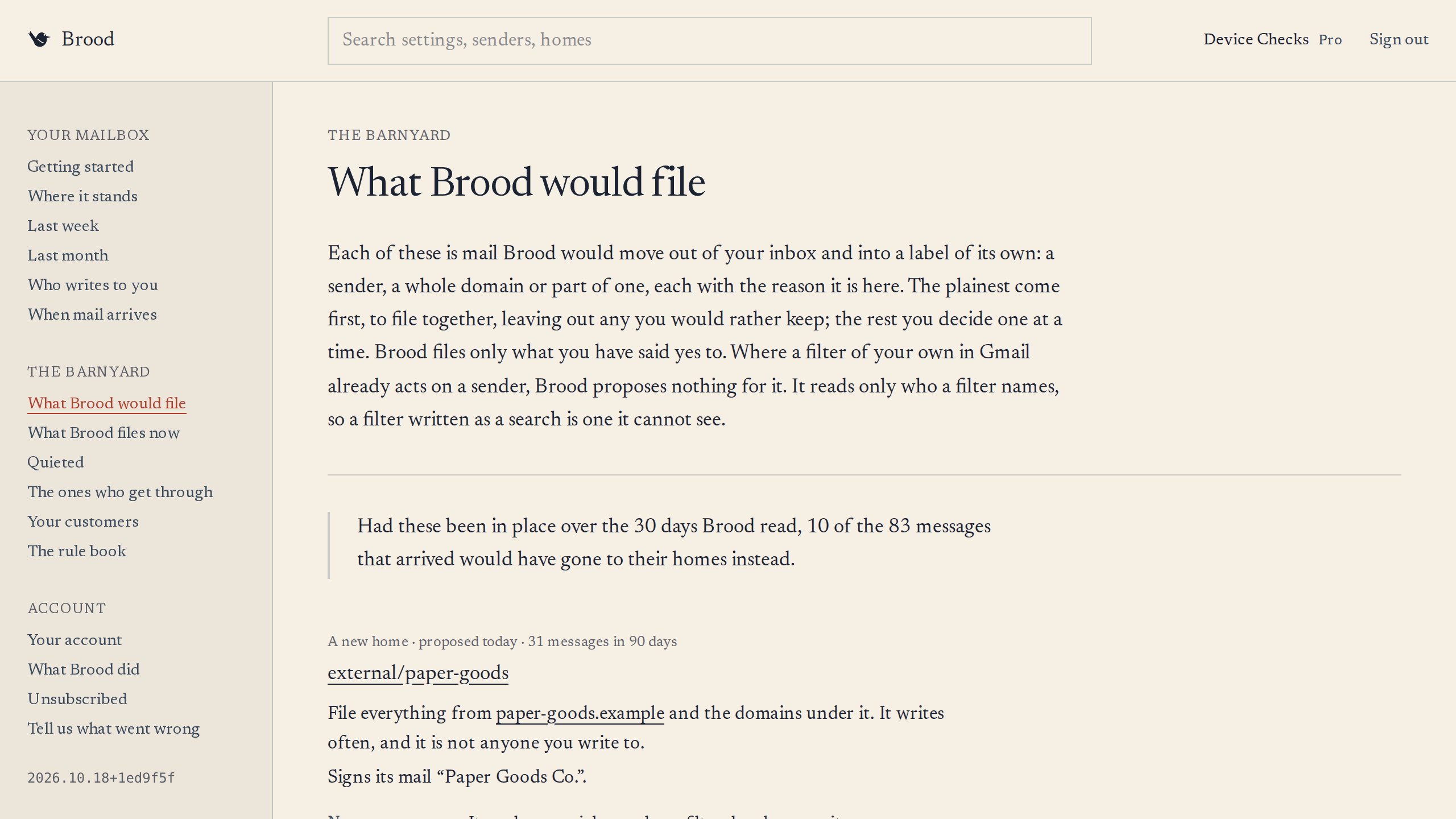 What Brood would file: how much of the mail it read these proposals would have moved, then a proposed home for a whole domain, with where its mail goes now and once confirmed